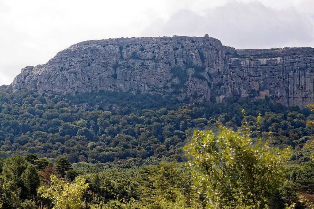 La longue falaise calcaire de la Sainte-Baume au-dessus de sa forêt, où s'ouvre la grotte de Marie-Madeleine
